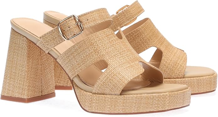 Monrovia Womens Sandals Heels for Women Slide On Block Chunky Platform High Heels Open Toe Raffia Wedge Sandals