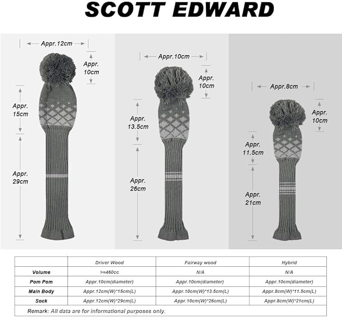 Scott Edward Knit Wood Golf Club Head Covers 4 Pieces Knitted Item Fit Over Well Driver Wood(460cc) Fairway Wood and Hybrid(UT)