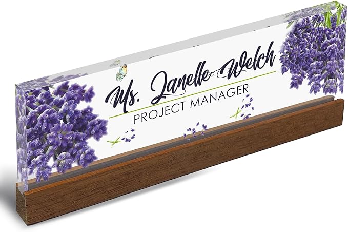 Artblox Personalized Office Desk Name Plate and Business Card Holder | Clear Acrylic Glass with Teak Wood Stand | Lavender Flowers Design Customized with Your Name and Credentials Office Desk Décor
