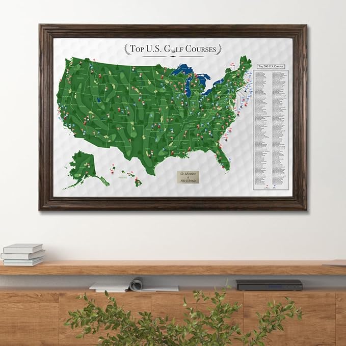 Push Pin Travel Maps Customizable Wall Art - Top Golf Courses USA Map - Solid Wood Brown - Personalized Framed Pin Map, Includes 150 Pins - Handcrafted in USA - 27.5" x 39.5"