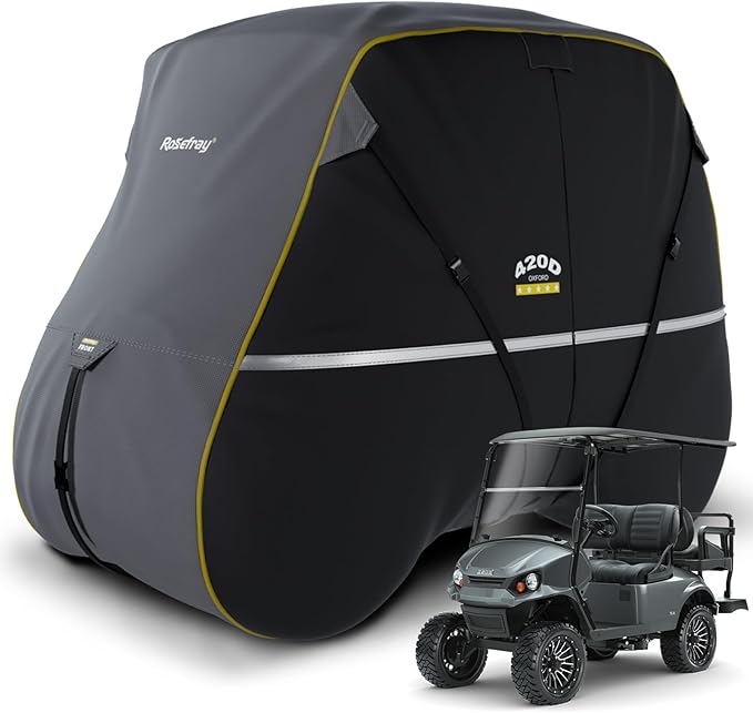 Rosefray Golf Cart Cover 420D Waterproof Innovative 360° Windproof Design, Fits for Club Car, EZgo, Yamaha, and More 2/2+2/4/4+2 Passenger Golf Cart - Black/Gray