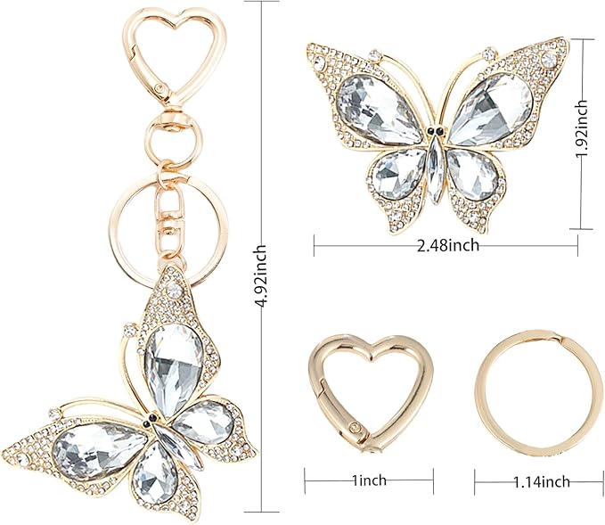 Weixiltc Charm Keychain for Women, Cute Heart Key Chain with Diamond Butterfly Pendant, Lovely Bag & Purse Keyring Accessory