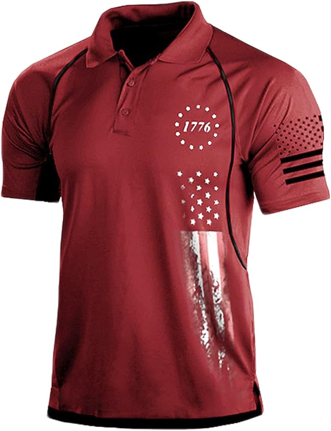 HARGLESMAN Men's 1776 Independence Day American Flag Short Sleeve Polo Golft Shirt(S-3XL)