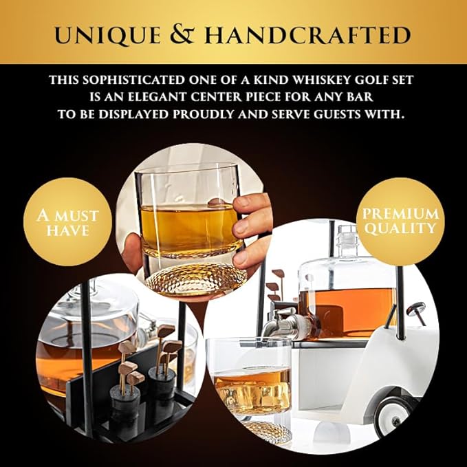 Golf Cart Decanter Whiskey Decanter and 2 Whiskey Glasses - The Wine Savant, Gift for Both Men & Women, Golfs Accessories, Golfer Gifts, Based on A Replica (850ml Decanter - 8 Ounce Glasses)