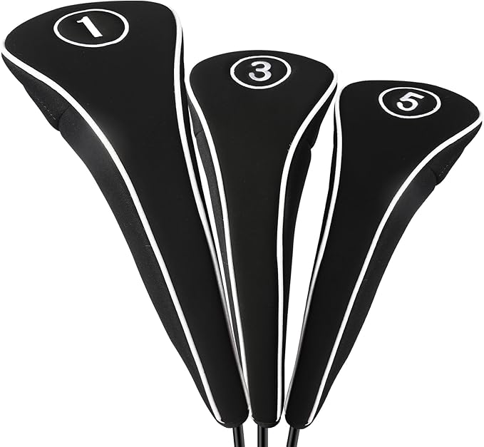 Golf Club Head Covers with Zipper - Balck Golf Club Covers for Woods and Driver Fairway Hybrids, Golf Accessories Headcovers Set