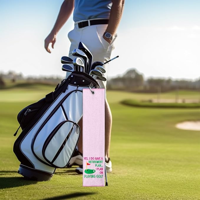 ERHACHAIJIA Yes I'd Have A Retirement Plan Embroidered Golf Towel with Clip. Funny Golf Accessories Gifts for Women Golfer Grandma Mom Aunty, Retirement (Pink)