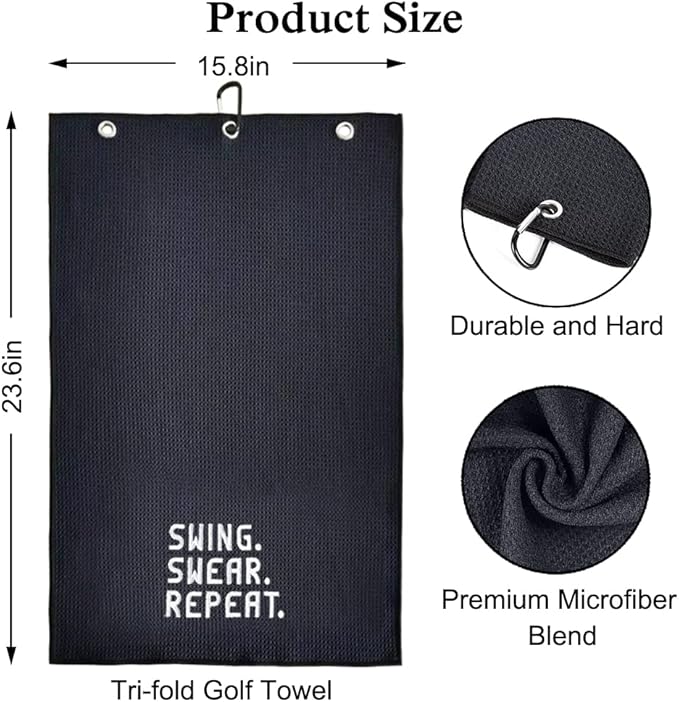 DYJYBMY Swing Swear Repeat Funny Golf Towel, Embroidered Black Golf Towel with Clip, Perfect Golf Birthday Gifts for Husband, Dad, Wife, Mom
