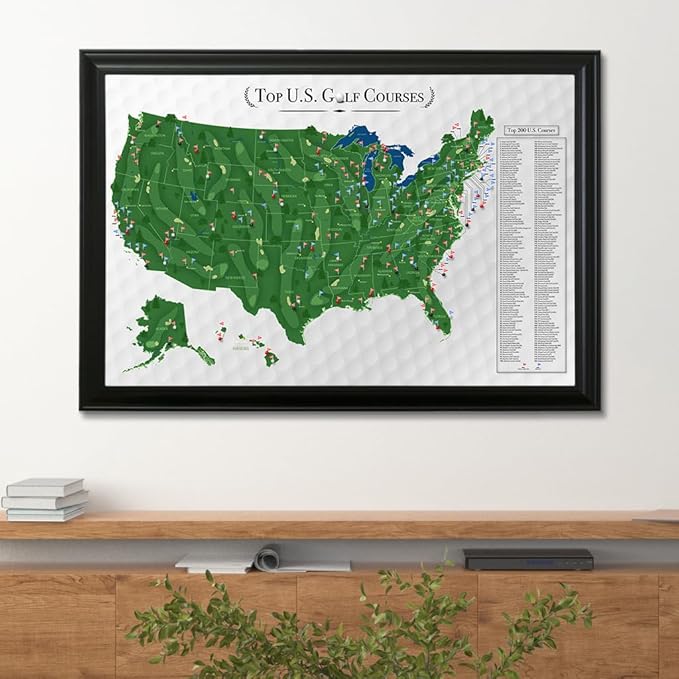 Push Pin Travel Maps Customizable Wall Art - Top Golf Courses USA Map - Black Frame - Framed Pin Map, Includes 150 Pins - Handcrafted in USA - 27.5" x 39.5"