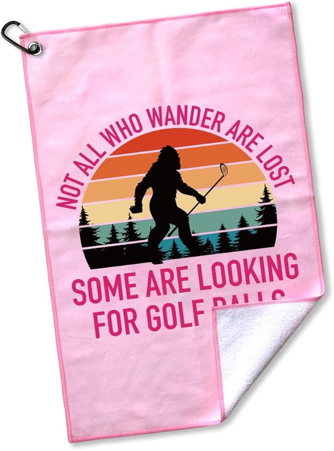 Not All Who Wander are Lost Polyester Printed Golf Towel for GolfBag, Funny Golf Gifts & Accessories for Men Women Golfs Fan Dad Grandpa, GolfLover Retirement Birthday Gifts (Pink)