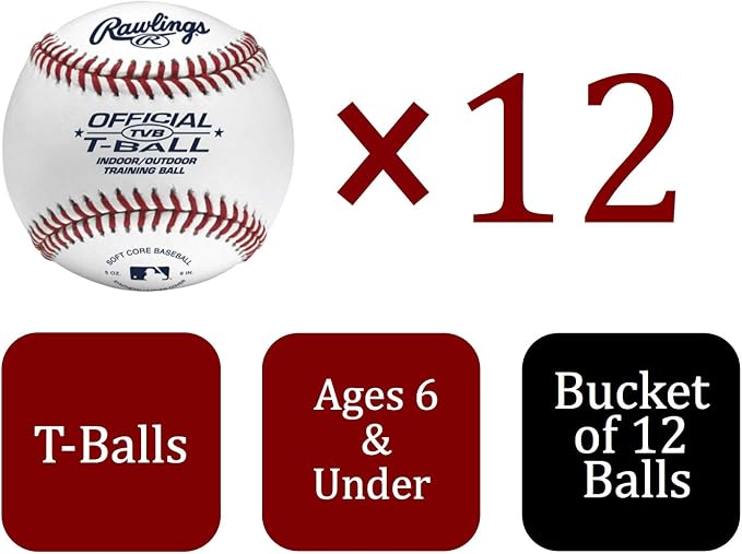 Rawlings | Official T-Balls | TVB | Youth/6u | Bucket | 12 Count | Sponge Rubber Core | Indoor/Outdoor White