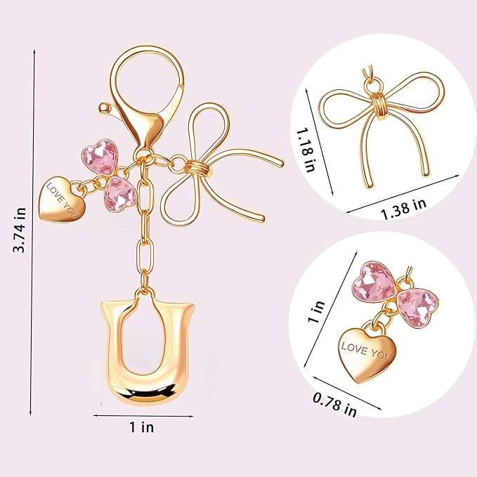 Gold Bubble Initial Keychain with Bow Decoration Bag Charms for Women, Cute Purse Handbag Accessories Gift