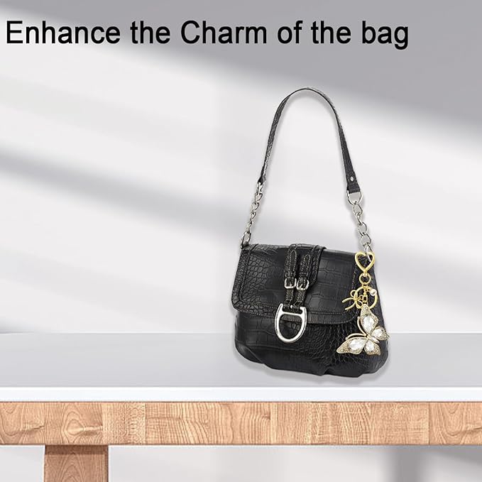 Bag Charm Keychain for Women: Cute Bow Keychains with Diamond Butterfly Pendant, Bags Purse Key ring Accessory