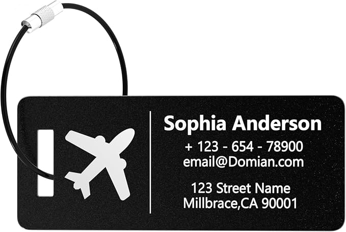 10 Personalized Metal Luggage Tags, Custom Suitcase Aluminum Name Tags with Steel Ring, Laser Engraved Name and Logo, for Travel, Backpack, Baggage, Golf Bag (Black)