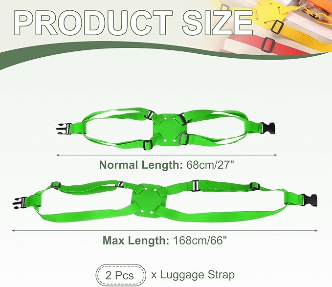 Adjustable Luggage Straps, Suitcase Elastic Strap Bag Bungee with Buckles Travel Accessories - Fitting for(Travel/Add A Bag/Securing Luggage), 27-66 Inch & 2Pcs & Green