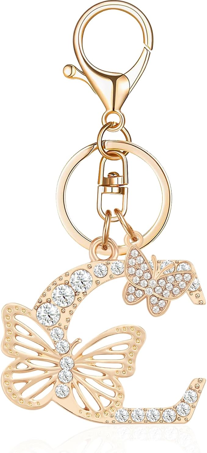 Gold Plated Alphabet Initial Letter Keyring Keychain for Women Girls Crystal Key Chains for Wallet Backpack Bag Charm