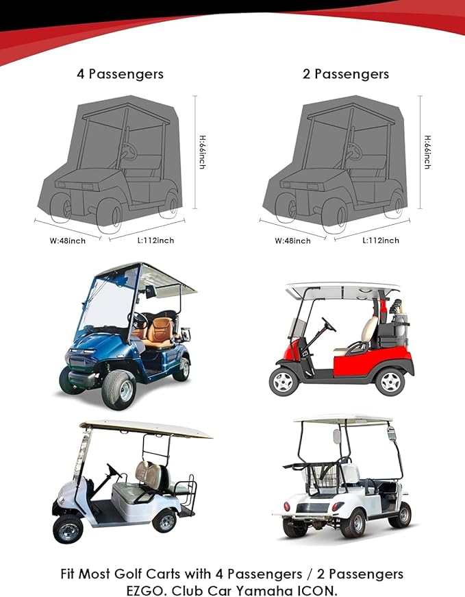 K-Musculo Golf Cart Cover, 2+2 Passenger Fits EZGO, Club Car, Yamaha, Heavy Duty Marine Grade Fabric, Waterproof & Windproof Outdoor All-Weather (600D-PU, 600D)
