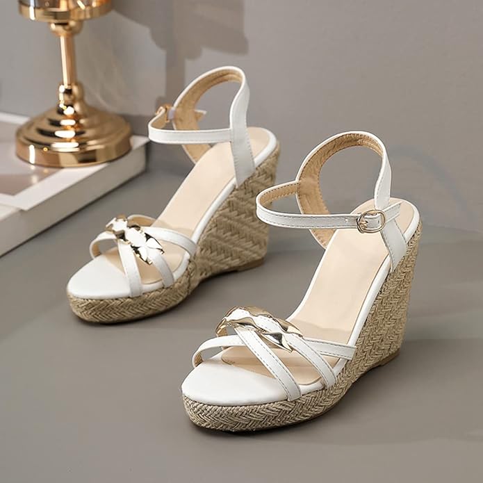 VOKLIN Women's Casual Espadrilles Wedge Sandals Open Toe Ankle Strap Metallic Chunky Platform Dressy Sandal