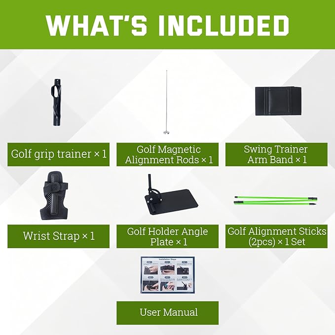 Golf Swing Correction Training Kit – Grip Alignment Trainer, Telescopic Swing Direction Indicator, Wrist & Arm Strap, Foldable Metal Angle Corrector & Dual Folding Alignment Sticks