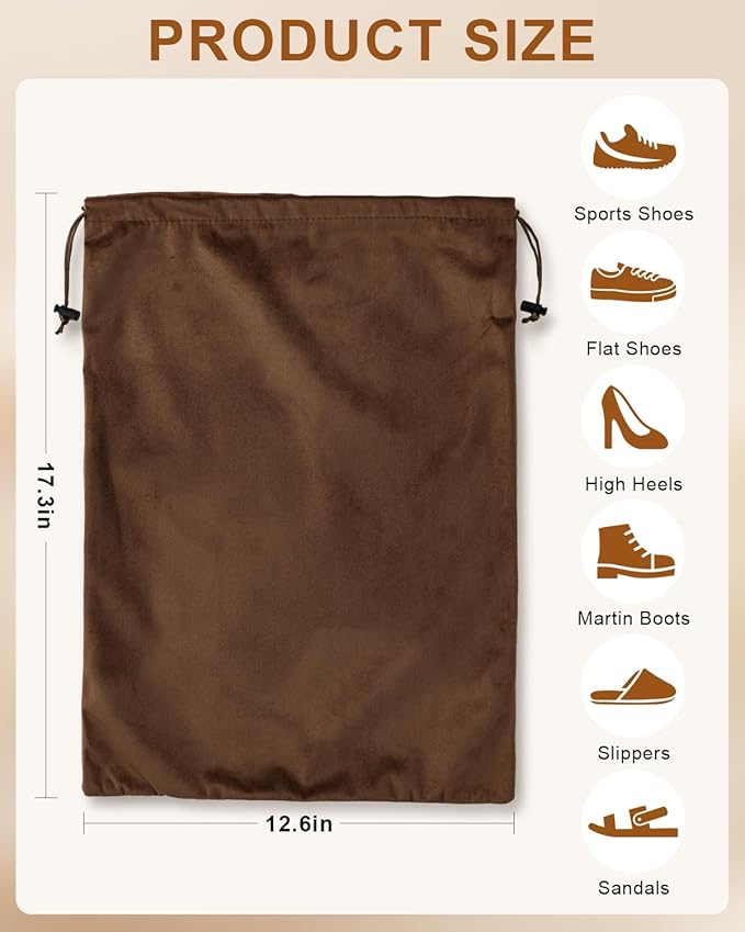 FantasyLife Shoe Bags for Travel, Washable Dust Bags for Storage & Packing, Flannel Shoe Pouch with Drawstring Closure for Purses, Handbags, Shoes & Toys (2, Mocha Mousse)