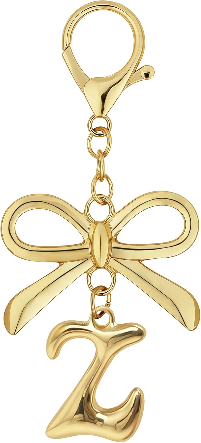 Gold Bubble Heart, Cherry, Bow & More Designs Letter Initial Keychain Bag Charms – Cute Purse Charms for Handbags