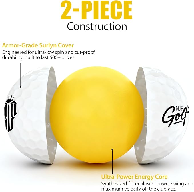 NJF Golf™ XLD Extreme Long Distance Golf Balls Soft Feel, 5 Pack 2-Piece Long Drive Low Spin Balls for Men and Women, Armor-Grade Surlyn Cover, Ultra-Power Core, High Launch 90 Compression