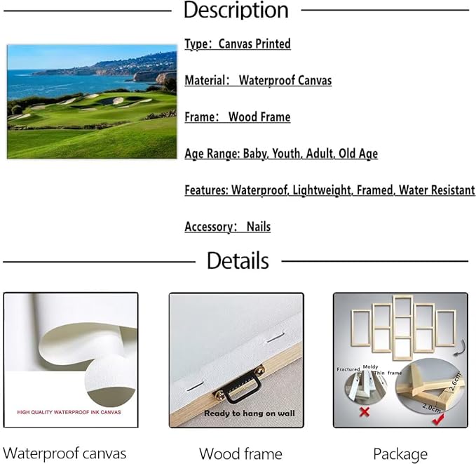 California Coastal Golf Course Wall Art for Living Room Bedroom Bathroom Home Decorations Coastal Golf Course Picture Poster Framed Artwork Canvas Prints Ready to Hang(12''H x 16''W)