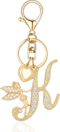 Gold Plated Alphabet Initial Letter Keyring Keychain for Women Girls Crystal Key Chains for Wallet Backpack Bag Charm
