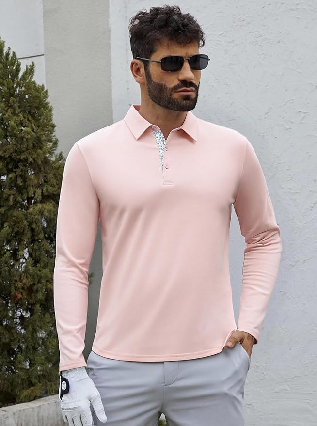 Alex Vando Mens Golf Shirt Moisture Wicking Quick-Dry Solid Long Sleeve Polo Shirts for Men