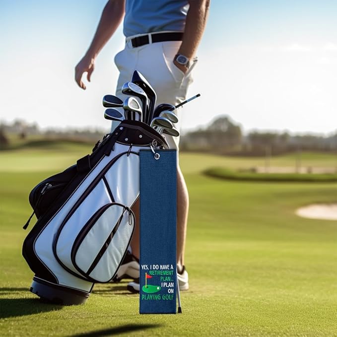 ERHACHAIJIA Yes I'd Have A Retirement Plan Embroidered Golf Towel with Clip. Funny Golf Accessories Gifts for Men Women Golfer Grandma Grandpa Mom Dad, Retirement (Navy)