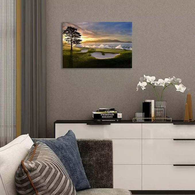 chenchenArt Pebble Beach Golf Course Wall Art Pictures Golf Course Poster Canvas Prints Golf Artwork Wall Decor for Living Room Bedroom Bathroom Home Decorations Framed Ready to Hang(18''H x 24''W)