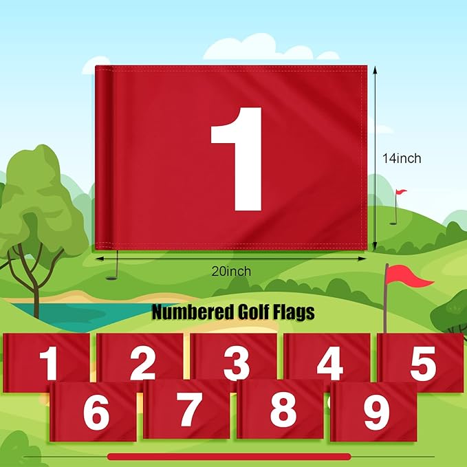 9 Pieces Large Numbered Golf Flags with Tube Inserted 20''L x 14''H Oversize Putting Flags Number 1-9, 420D Nylon Flag for Yard Indoor Outdoor Backyard Garden