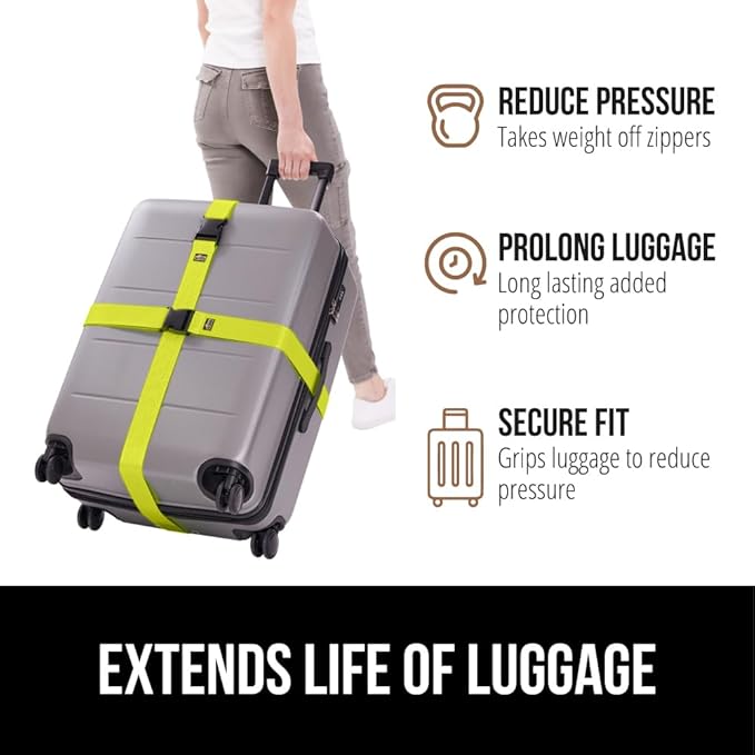 GORILLA GRIP Heavy Duty 4 Pack Adjustable Luggage Straps for Suitcases, Easy to Identify Travel Belt Connector Holds Suitcase Together, Extends Life of Bag, Strap Connects Two Bags, Accessories Yellow
