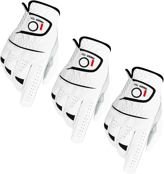FINGER TEN Golf Gloves Men Right Left Handed Golfer Men’s Golf Glove Left Right Hand Value 3/6 Pack, All Weather Leather Grip Small Medium ML Large XL Size