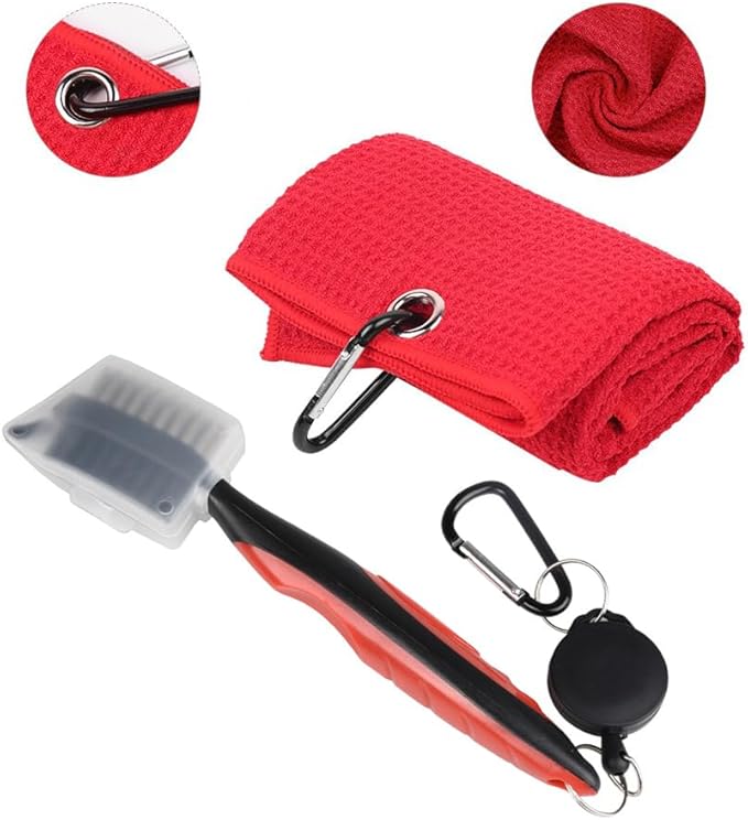 Golf Towels, Golf Towel and Brush Set, with Microfiber Waffle Design Golf Towel 16" X 24" with Hook and Loop Fastenerl and Retractable Zip-line Golf Club Brush (Red)
