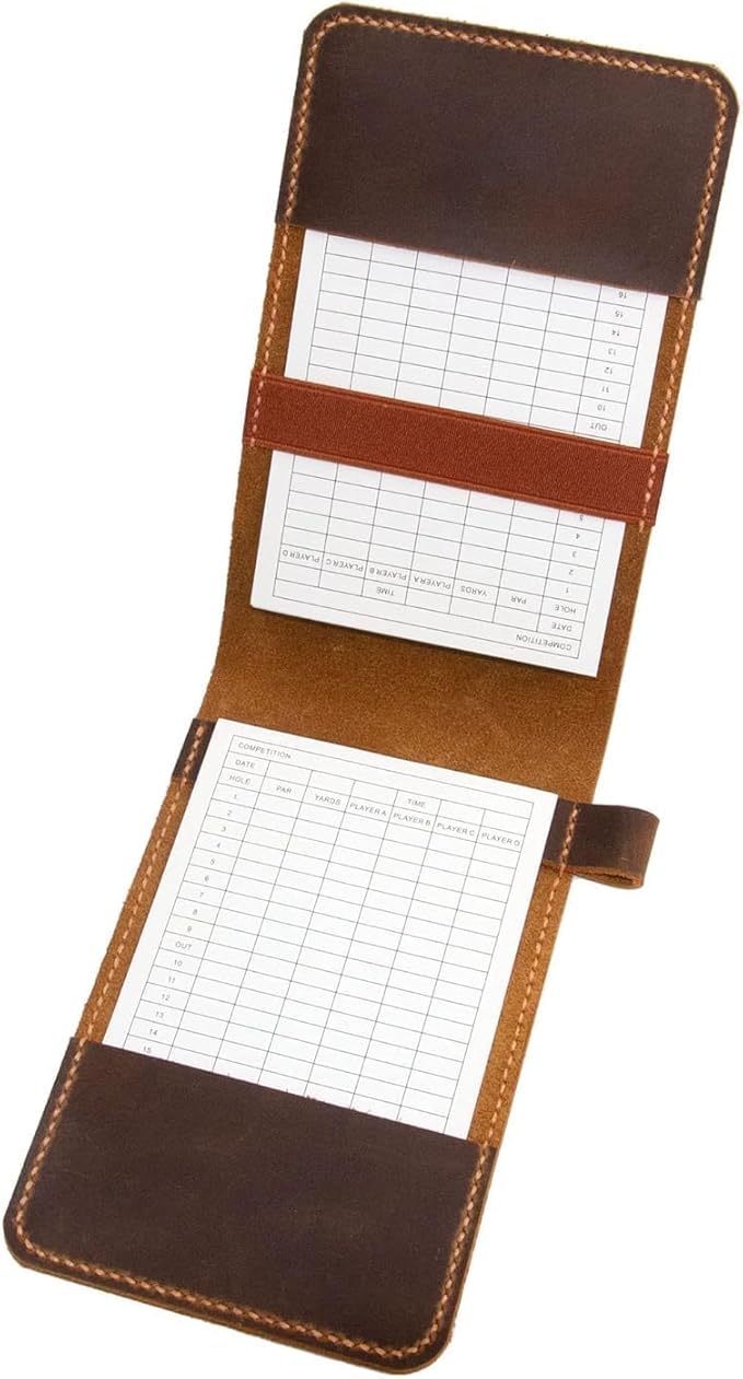 Golf Scorecard Holder Leather Hand Stitched, Yardage Book Holder, Golfers Gift, Gift for Him, Gift for Dad, Leather Golf Gifts (Brown)