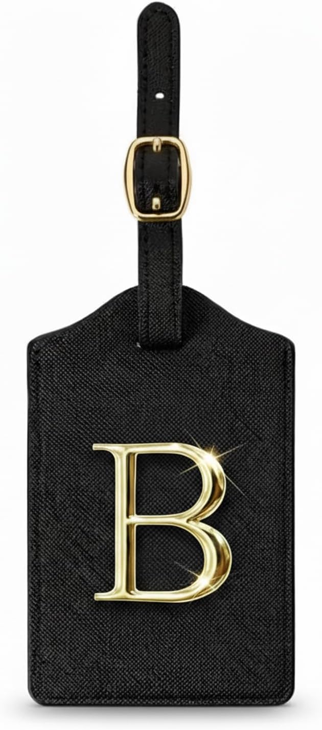 Personalized Initial Letter Luggage Tag for Suitcases PU Leather Baggage ID Tag with Metal Alphabet,Travel Accessory for Backpacks, Bags and Gift for Travelers (Black/Gold-Letter, B)