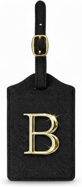 Personalized Initial Letter Luggage Tag for Suitcases PU Leather Baggage ID Tag with Metal Alphabet,Travel Accessory for Backpacks, Bags and Gift for Travelers (Black/Gold-Letter, B)