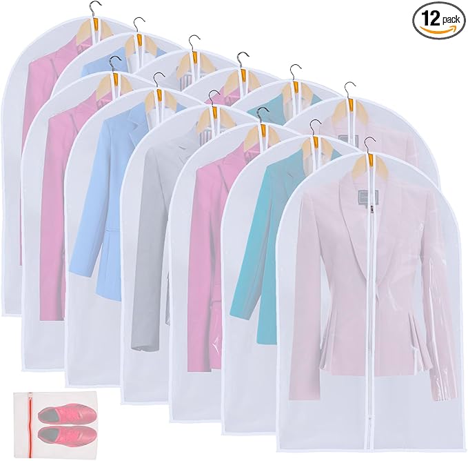 12 Pack Shirt Garment Bags (24x36") - Dustproof Short Suit Covers - Durable PEVA Closet Bags with Sturdy Zipper for Blouses, Jackets, Sweaters & T-Shirts (Translucent)