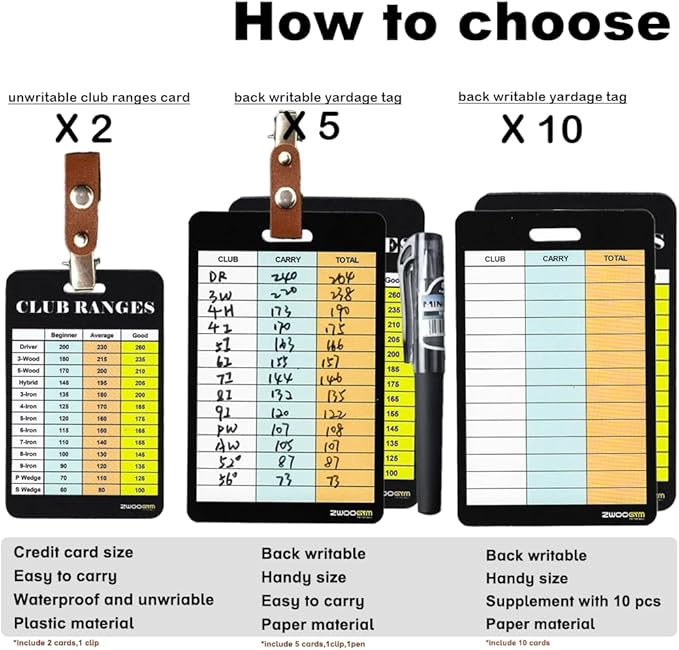 Golf Club Distance Range Cards with Holder, Back Writable Yardage Matrix Chart for Beginner to Advanced Players