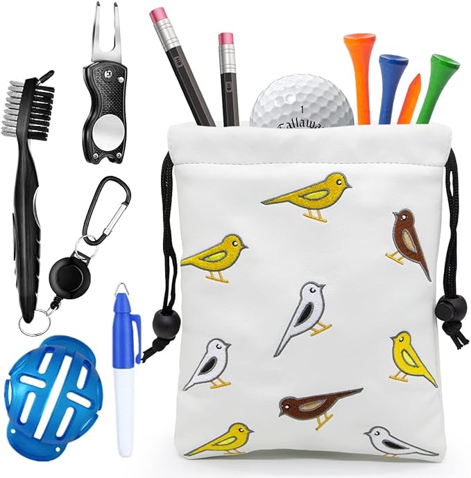 Golf Valuables Pouch, Leather Golf Tee Pouch with Drawstring Closure Golf Ball Tee Handbag Portable Golf Accessories
