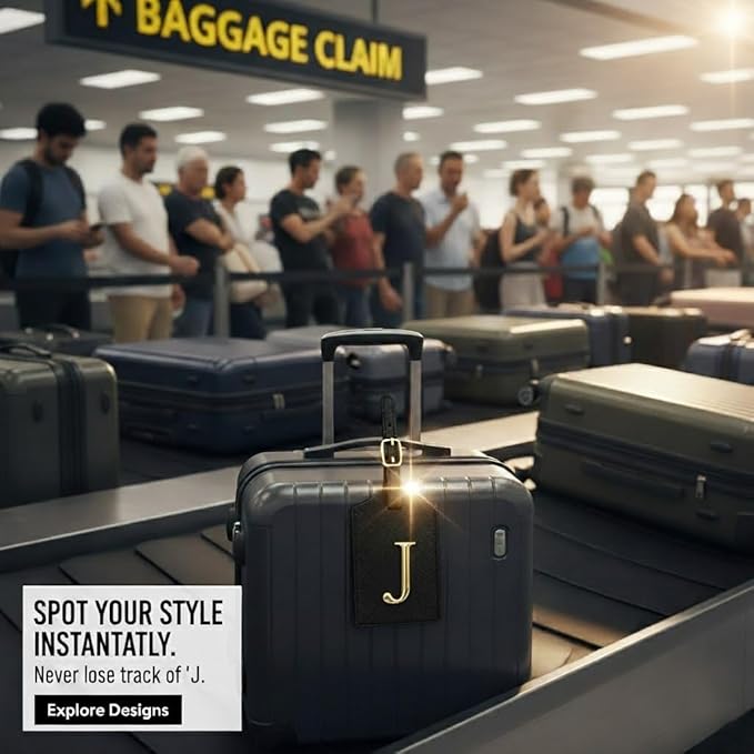 Personalized Initial Letter Luggage Tag for Suitcases PU Leather Baggage ID Tag with Metal Alphabet,Travel Accessory for Backpacks, Bags and Gift for Travelers (Black/Gold-Letter, J)