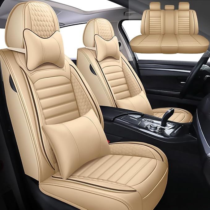 Leather Car Seat Covers for Volkswagen Golf Alltrack 2017-2019,Car Seat Covers Full Set,Seat Covers with Safety,Waterproof Seat Cover Compatible Airbag(5pcs Beige Luxury)