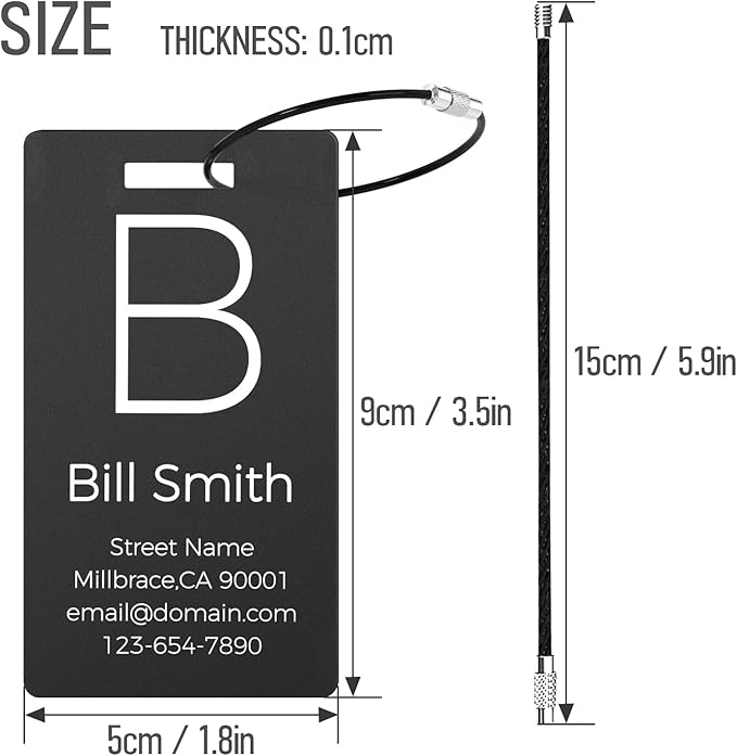 4 Pack Personalized Luggage Tags, Custom Engraved Aluminum Luggage Tags with Your Personalized Text, Waterproof Metal Name Tags with Steel Loop for Bags, Suitcase, Baggage, Backpack (Black, Large)