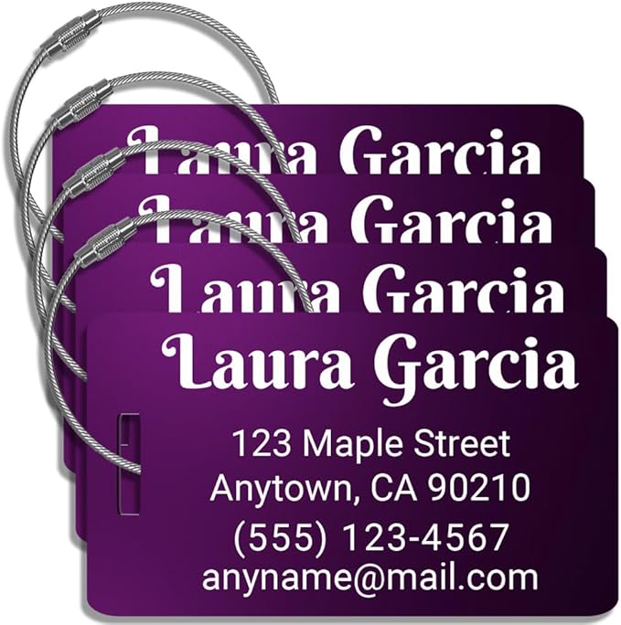 Personalized Luggage Tags for Suitcases 4 Pack – Custom Metal Name Tag for Travel, Golf Bag, and Baggage – Durable Aluminum Luggage Name Tags (Purple, Horizontal)