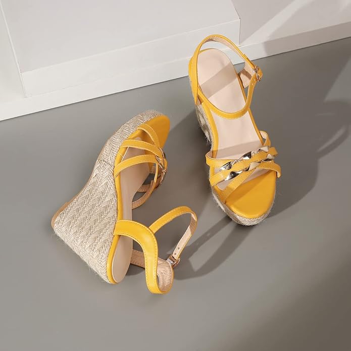 VOKLIN Women's Casual Espadrilles Wedge Sandals Open Toe Ankle Strap Metallic Chunky Platform Dressy Sandal