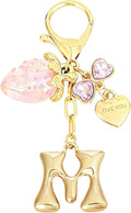 Snycler Bubble Initial Keychain with Strawberry & Bow- Gold Letter Bag Charms for Women, Cute Purse Handbag Accessories