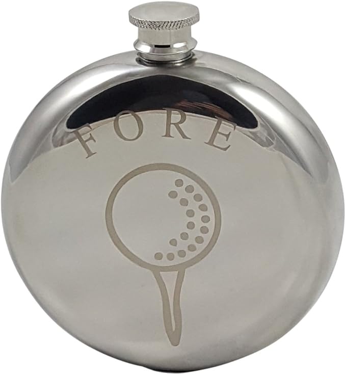 Palm City Products Golf Flask Gift Set - 10 oz Round Flask Engraved with Fore - Great Gift for Golfers