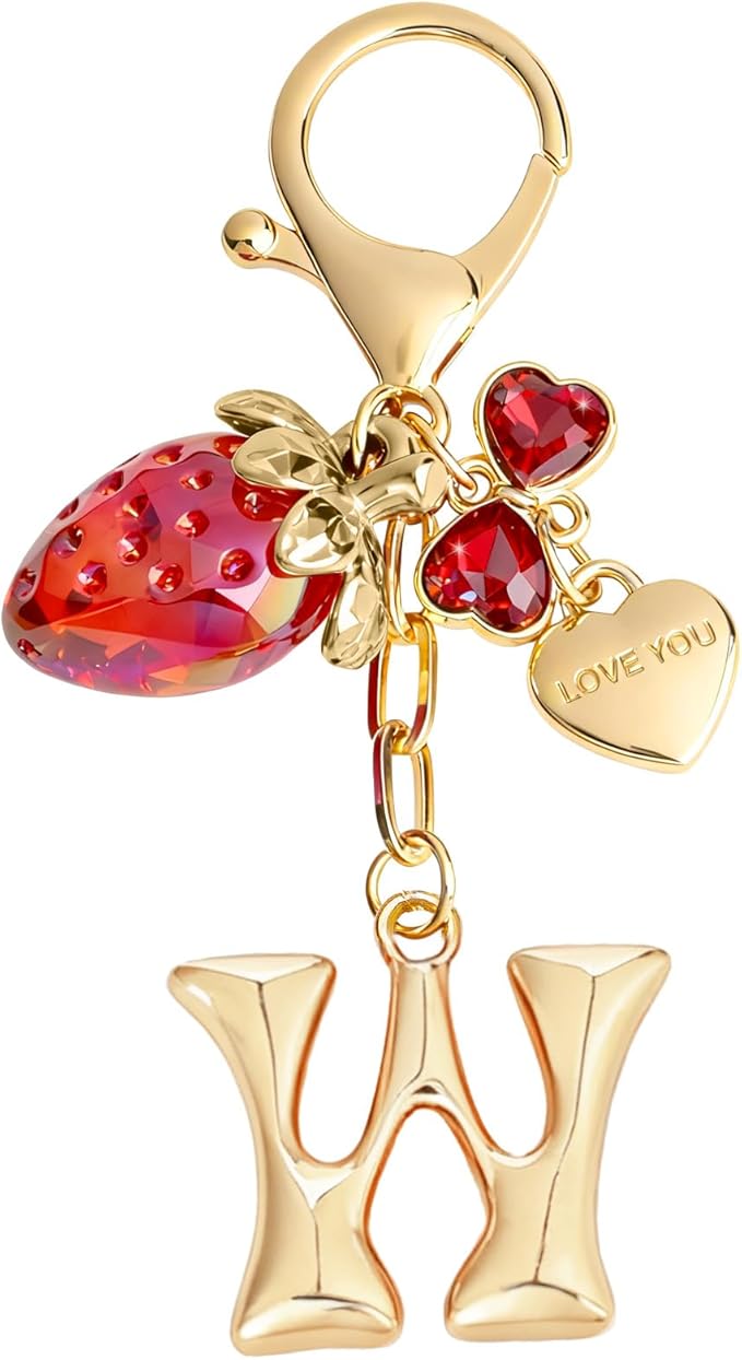 Snycler Bubble Initial Keychain with Strawberry & Bow- Gold Letter Bag Charms for Women, Cute Purse Handbag Accessories
