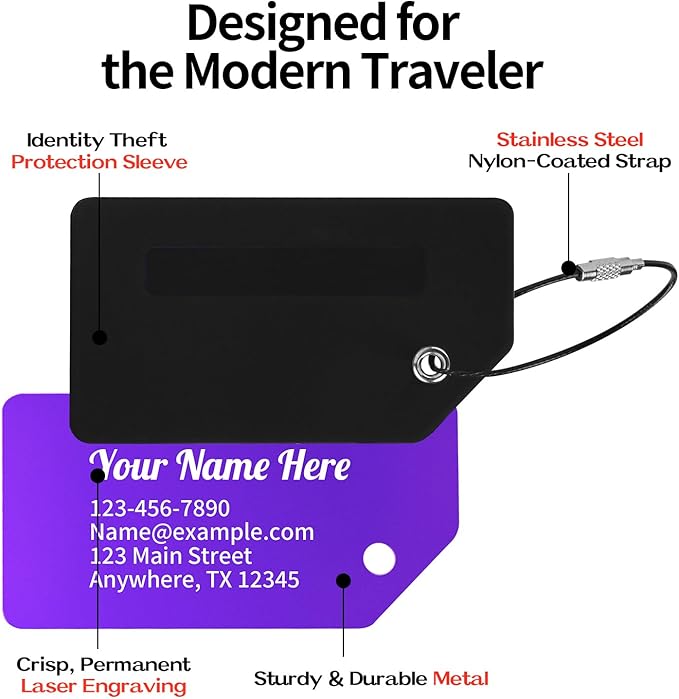 Personalized Luggage Tags for Suitcases, Custom Metal Luggage Tag for Bag with Silicone Sleeves, Durable Travel Tags, Laser Engrave Name Text, Gift for Travelers, 3.5x2 Inches (Black)