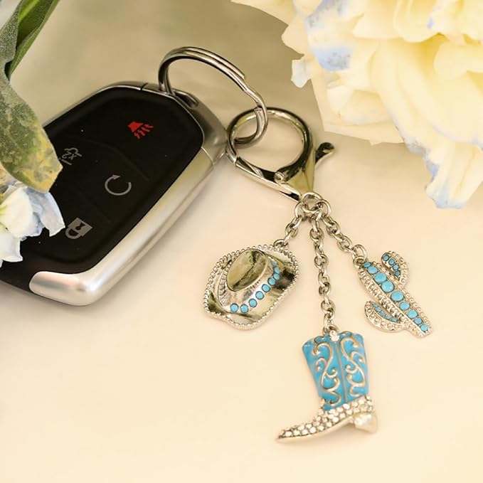 Madison Tyler Western Cowboy Boots Cherry Bow Bubble Tea Strawberry Cute Keychain | Bag Charms for Handbags Purse Charms